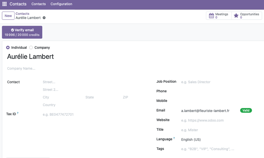 The Verify email button with credit balance and a Valid status badge on an Odoo contact