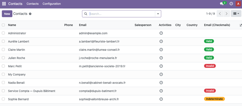 Checkmails status column with colour-coded badges in the Odoo contact list